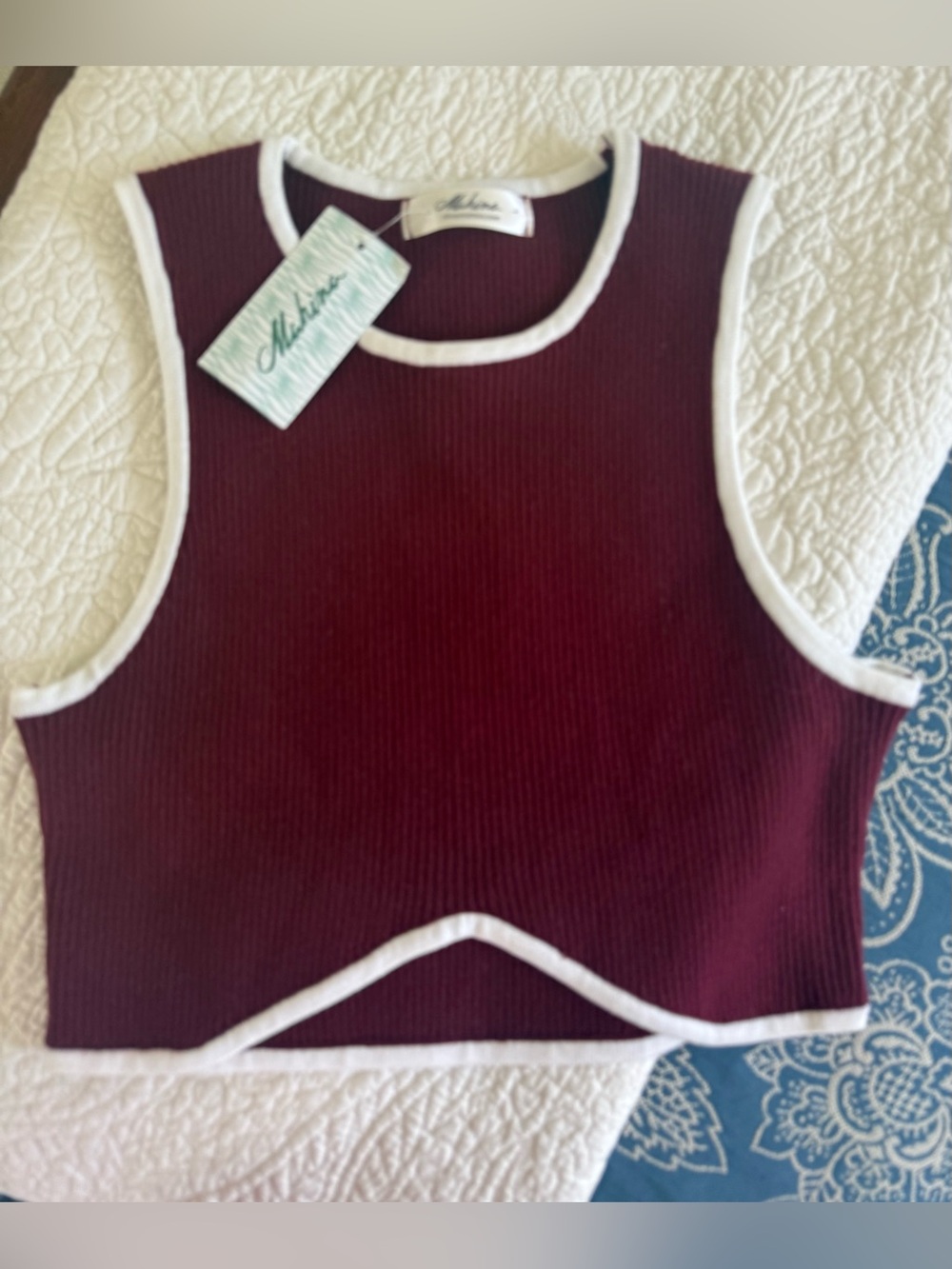 NWT mahina Burgundy Cropped Ribbed Tank with White Trim ~ Retail $54.00
